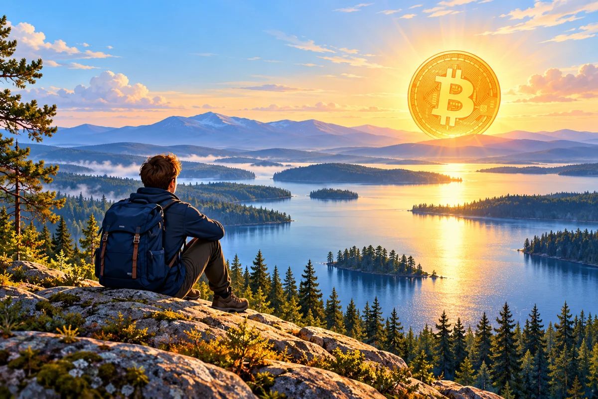 Retkeilijä katsoo järvimaisemaa ja horisontin Bitcoin-symbolia